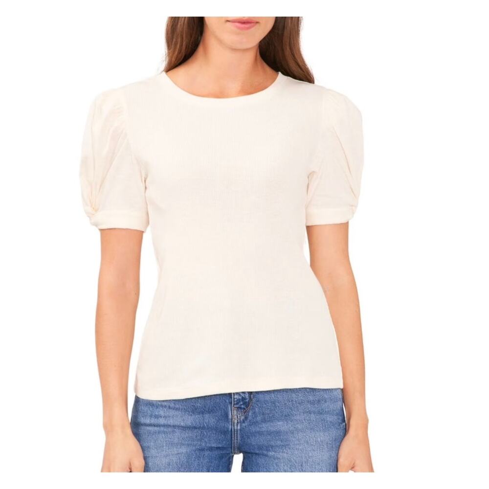 Vince Camuto Cream Ribbed Puff Sleeve Top Short Sleeve Size XXL